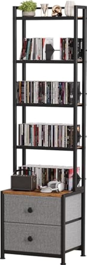 CD Storage Rack with Drawer, 5-Tier DVD Organizer Shelf w/Adjustable Book Stoppers, Media Storage Rack for CD/DVD, Books & Games, Ideal for Living Room & Home Office – 15.7x11.8x56.5Inches