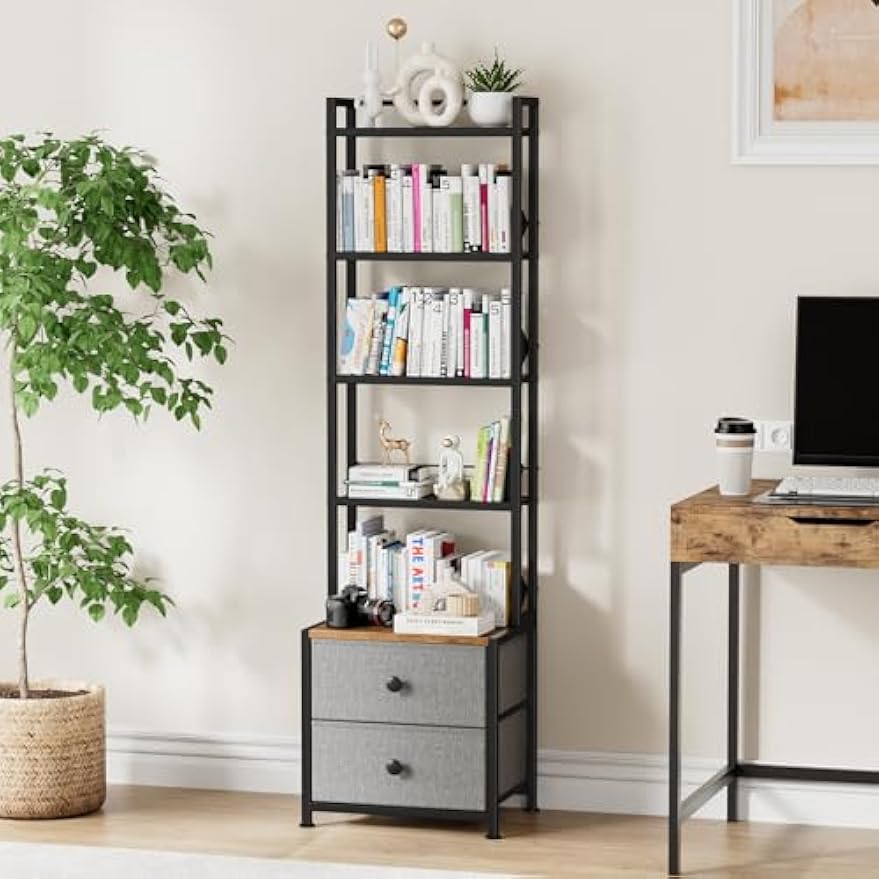 CD Storage Rack with Drawer, 5-Tier DVD Organizer Shelf w/Adjustable Book Stoppers, Media Storage Rack for CD/DVD, Books & Games, Ideal for Living Room & Home Office – 15.7x11.8x56.5Inches