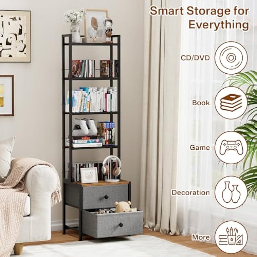 CD Storage Rack with Drawer, 5-Tier DVD Organizer Shelf w/Adjustable Book Stoppers, Media Storage Rack for CD/DVD, Books & Games, Ideal for Living Room & Home Office – 15.7x11.8x56.5Inches
