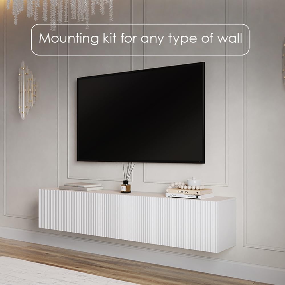 Living Skog Floating TV Stand Wall Mounted for Living Room and Bedroom, Media Console Table, Entertainment Center with Storage and Drawers Fits TV 50 55 60 65 inch Cabinet (White, 59 inch)