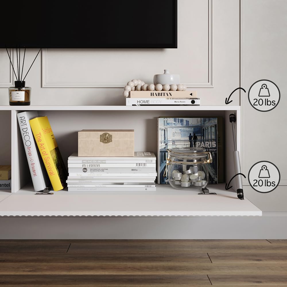 Living Skog Floating TV Stand Wall Mounted for Living Room and Bedroom, Media Console Table, Entertainment Center with Storage and Drawers Fits TV 50 55 60 65 inch Cabinet (White, 59 inch)