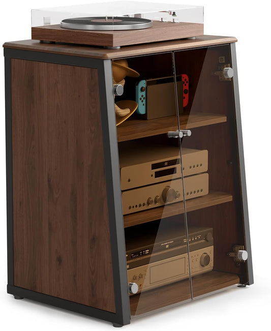 FITUEYES Design 4-Tier Media Stand with Brown Glass Doors Audio Rack with Adjustable Shelves Stereo Cabinet Protection Equipment for Vinyl Record Player Stereo Receivers Audio Gear, Eiffel Series