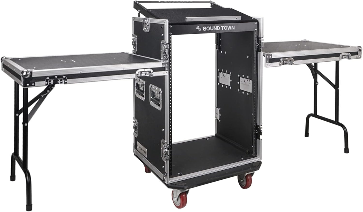 Sound Town Enhanced Thickness 1/2” (12mm) Plywood 8U Audio Rack/Road ATA Case with 11U Slant Mixer Top, 20’’ Rackable Depth, Casters, 8 Space Size, Pro Tour Grade (STMR-8UW)