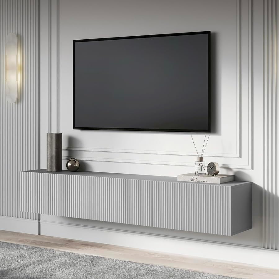 Living Skog Floating TV Stand Wall Mounted for Living Room and Bedroom, Media Console Table, Entertainment Center with Storage and Drawers Fits TV 50 55 60 65 inch Cabinet (White, 59 inch)