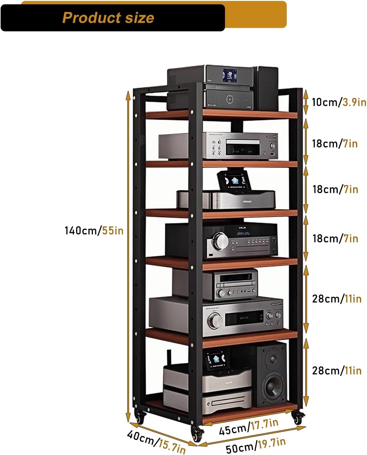 6 Tier AV Media Stand, Audio Rack Tower Stereo Components Cabinet, Home Theatre CD Record Player Stereo Receiver Equipment Rack with Adjustable Wood Shelves, Load 400lbs (Brown,6 Tier- 55in)