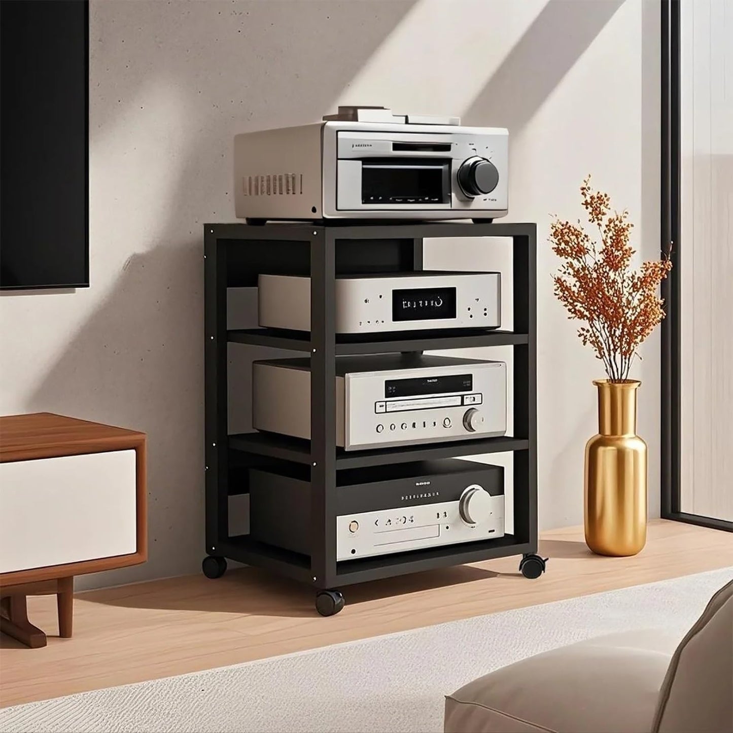 6 Tier AV Media Stand, Audio Rack Tower Stereo Components Cabinet, Home Theatre CD Record Player Stereo Receiver Equipment Rack with Adjustable Wood Shelves, Load 400lbs (Brown,6 Tier- 55in)