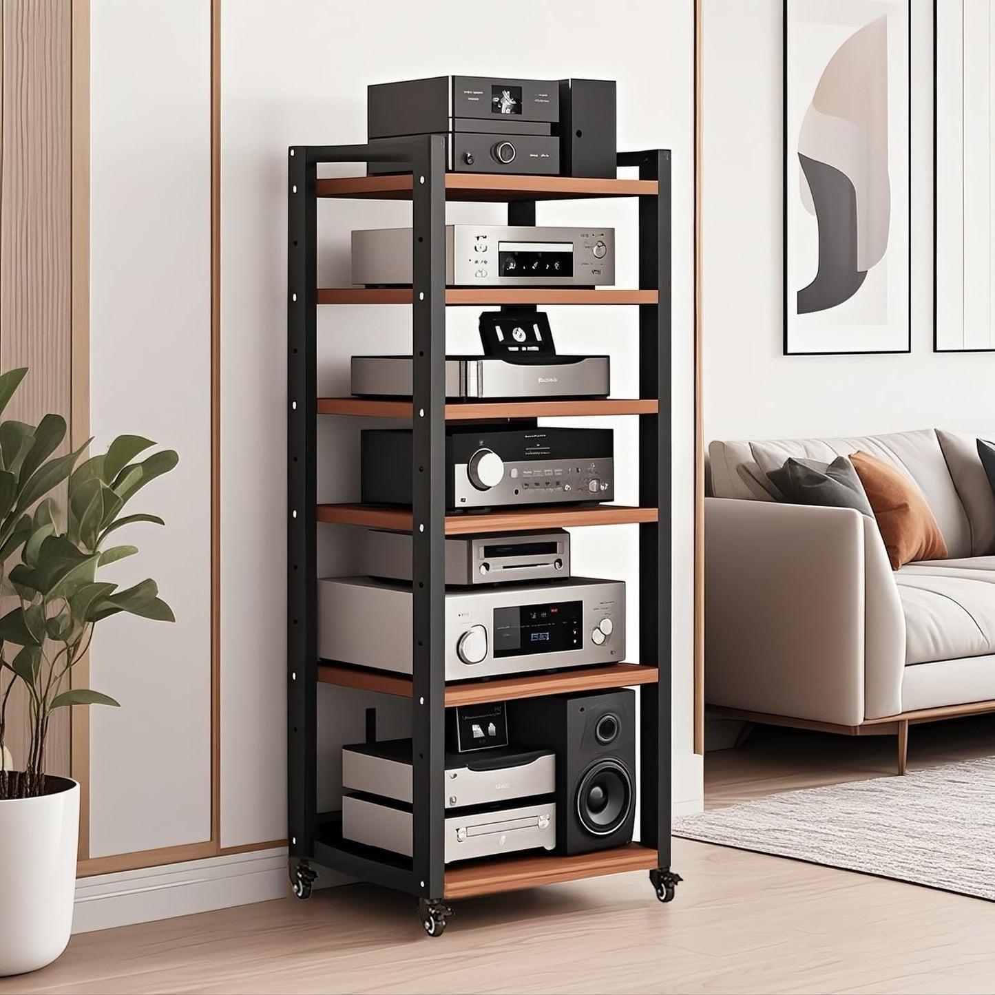 6 Tier AV Media Stand, Audio Rack Tower Stereo Components Cabinet, Home Theatre CD Record Player Stereo Receiver Equipment Rack with Adjustable Wood Shelves, Load 400lbs (Brown,6 Tier- 55in)