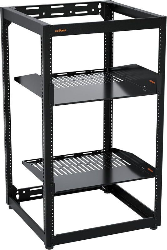 ECHOGEAR 20U Open Frame Rack for Servers & AV Gear - Wall Mountable Design Includes 2X Vented Shelves, 25x Rack Mounting Screws, 4X Leveling Feet, 4X Shelf Stops, & 2X Securement Straps