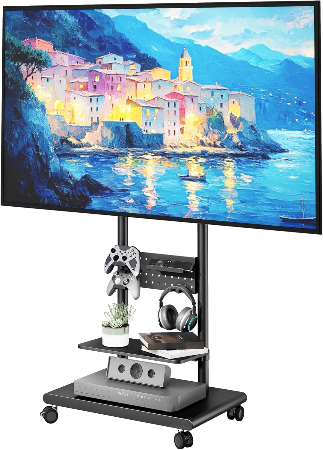 Rolling TV Stand with Versatile Storage Pegboard for 50-90 inch TVs up to 154lbs, Height Adjustable Mobile TV Stand with Storage Shelves, Tilt Swivel TV Cart Max VESA 600x400mm, White