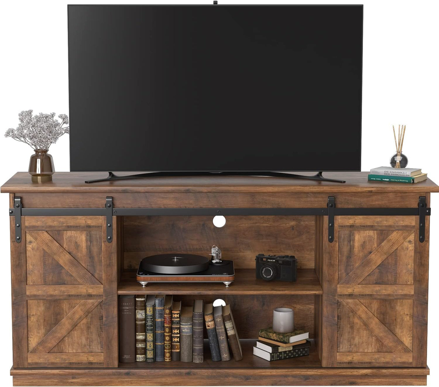 JUMMICO TV Stand for 65 Inch TV, Entertainment Center with Storage Cabinets and Sliding Barn Doors, Mid Century Modern Media TV Console Table for Living Room Bedroom (Bright White)