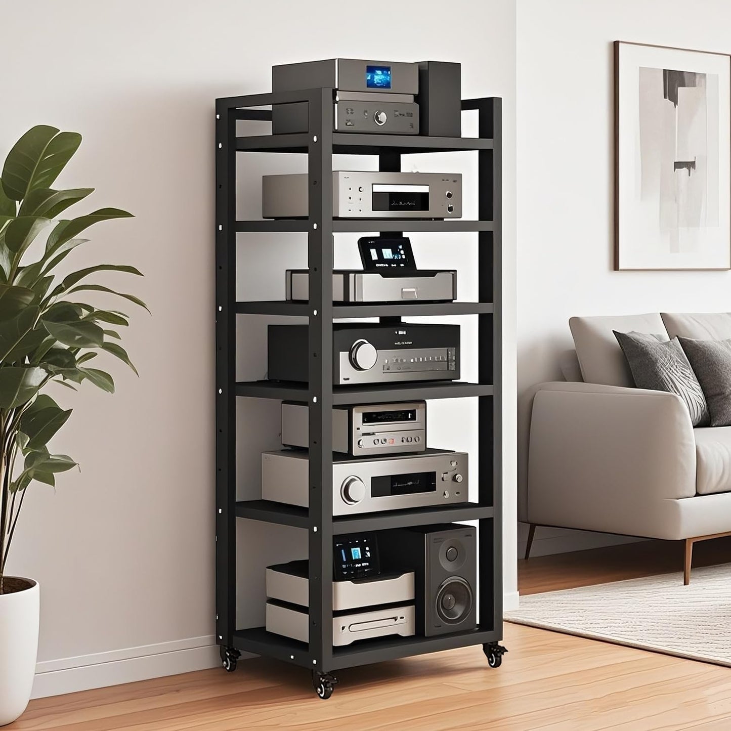 6 Tier AV Media Stand, Audio Rack Tower Stereo Components Cabinet, Home Theatre CD Record Player Stereo Receiver Equipment Rack with Adjustable Wood Shelves, Load 400lbs (Brown,6 Tier- 55in)