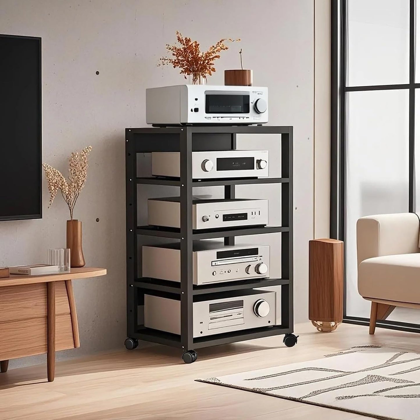 6 Tier AV Media Stand, Audio Rack Tower Stereo Components Cabinet, Home Theatre CD Record Player Stereo Receiver Equipment Rack with Adjustable Wood Shelves, Load 400lbs (Brown,6 Tier- 55in)