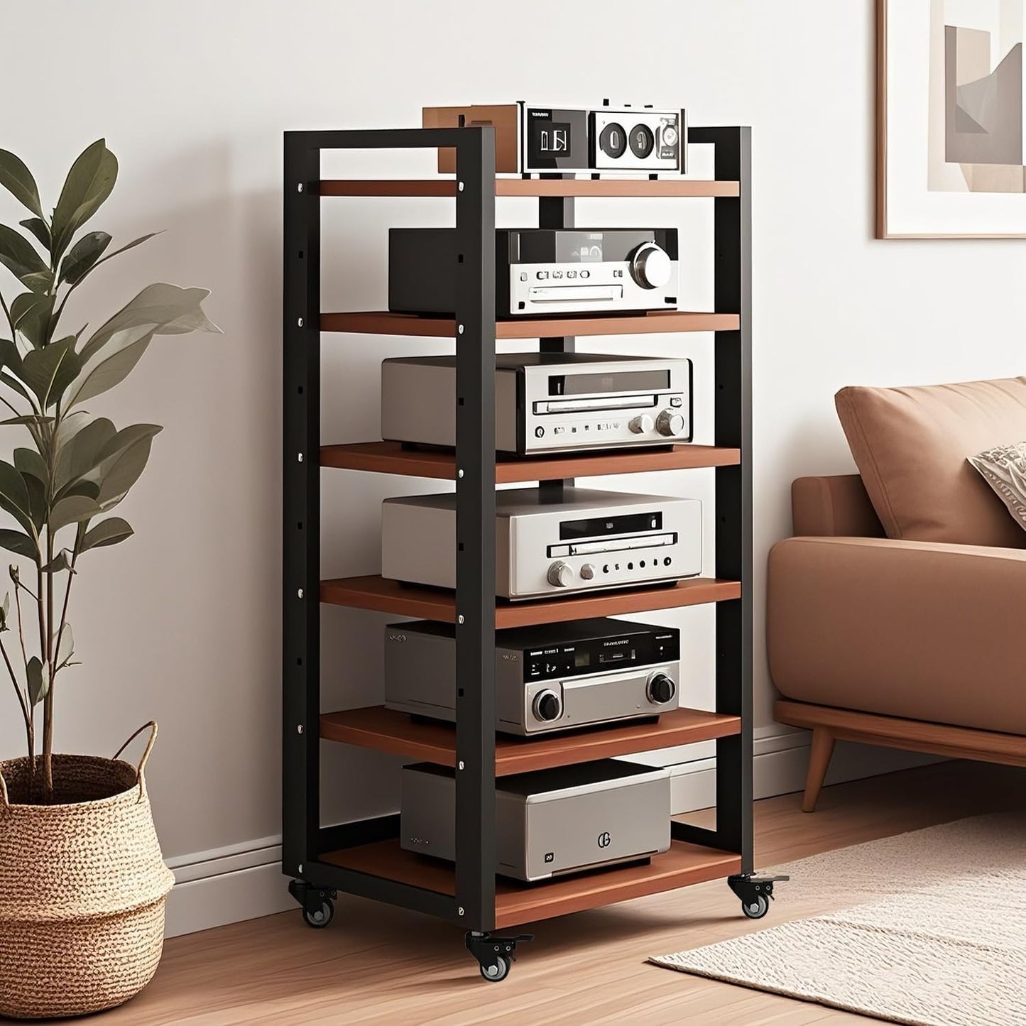 6 Tier AV Media Stand, Audio Rack Tower Stereo Components Cabinet, Home Theatre CD Record Player Stereo Receiver Equipment Rack with Adjustable Wood Shelves, Load 400lbs (Brown,6 Tier- 55in)