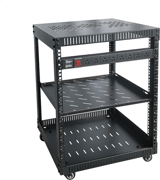 RIVECO 12U Network Rack with Reinforced Top Cover - 4 Post Floor Rack on Wheels for 19" Equipment & Stereo Gear- Including Rack Mount Power Strip & 1PCS 1U Rack Shelf