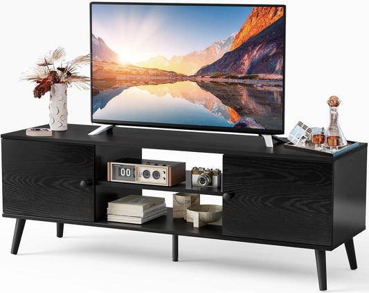 Sweetcrispy TV Stand for 55 60 inch TV, Modern Mid Century Entertainment Center with Storage, Media Console Table 2 Cabinet, Soft Hinge, Handle Door, Wooden Living Room, Office Furniture, Pure Black