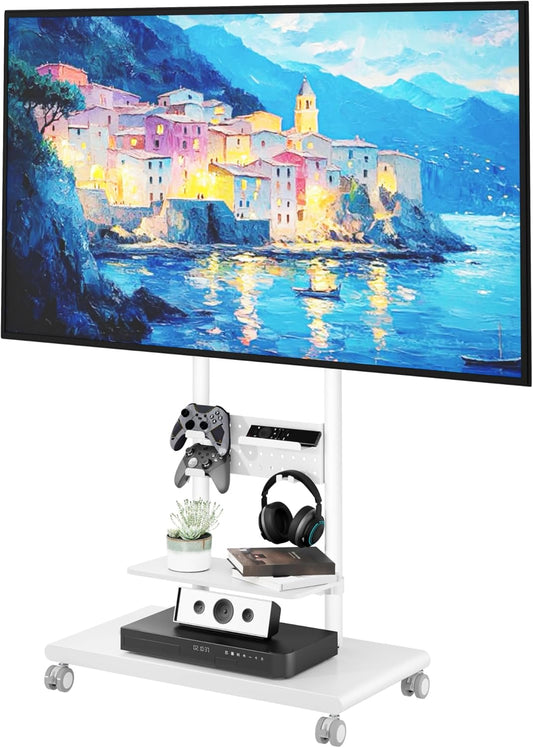 Rolling TV Stand with Versatile Storage Pegboard for 50-90 inch TVs up to 154lbs, Height Adjustable Mobile TV Stand with Storage Shelves, Tilt Swivel TV Cart Max VESA 600x400mm, White