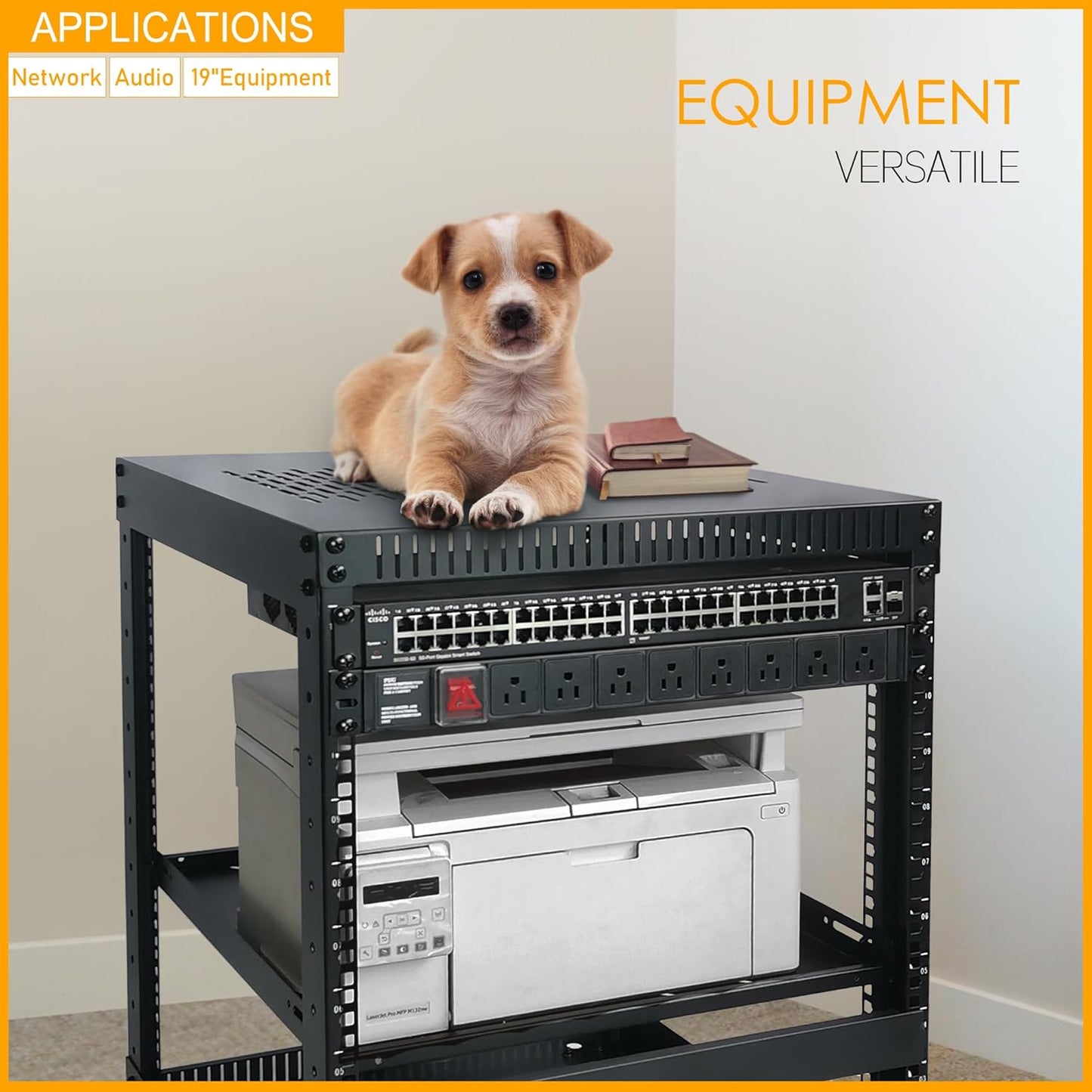 RIVECO 12U Network Rack with Reinforced Top Cover - 4 Post Floor Rack on Wheels for 19" Equipment & Stereo Gear- Including Rack Mount Power Strip & 1PCS 1U Rack Shelf