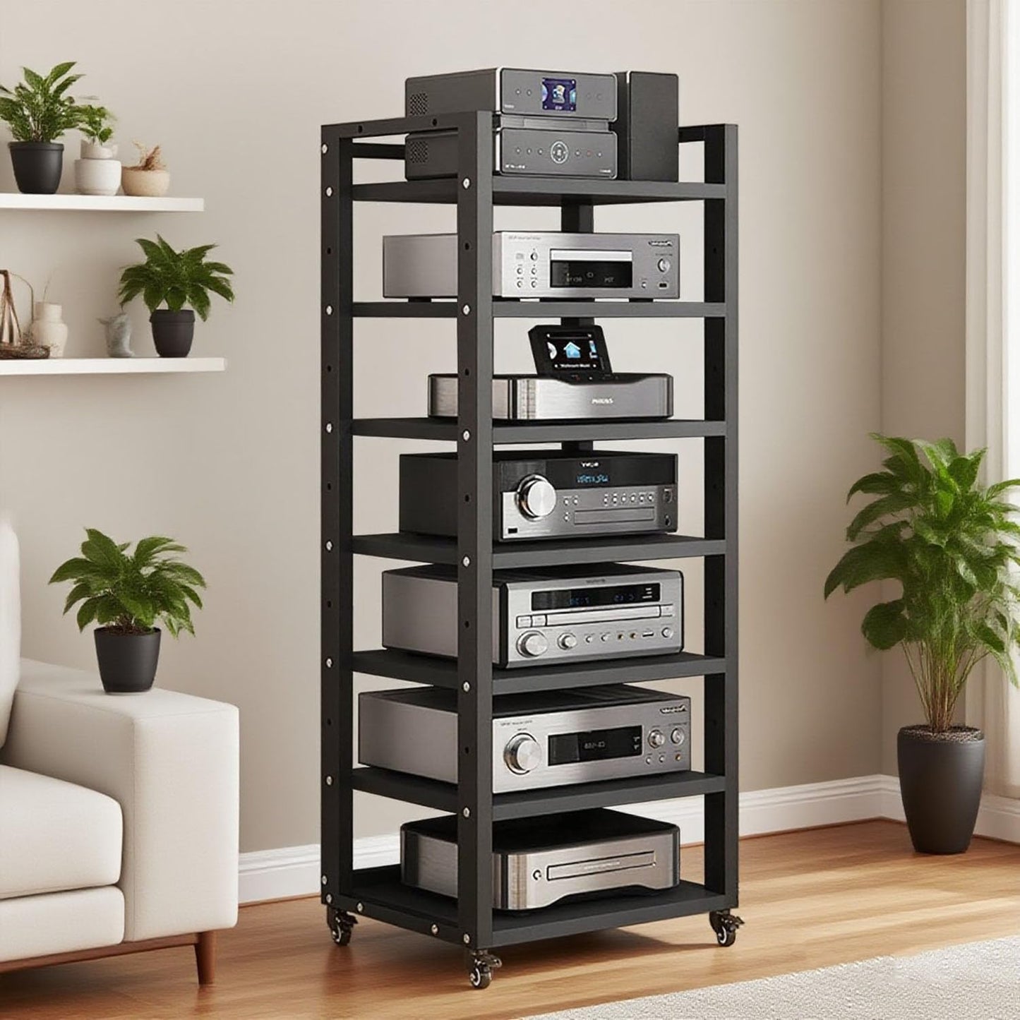6 Tier AV Media Stand, Audio Rack Tower Stereo Components Cabinet, Home Theatre CD Record Player Stereo Receiver Equipment Rack with Adjustable Wood Shelves, Load 400lbs (Brown,6 Tier- 55in)