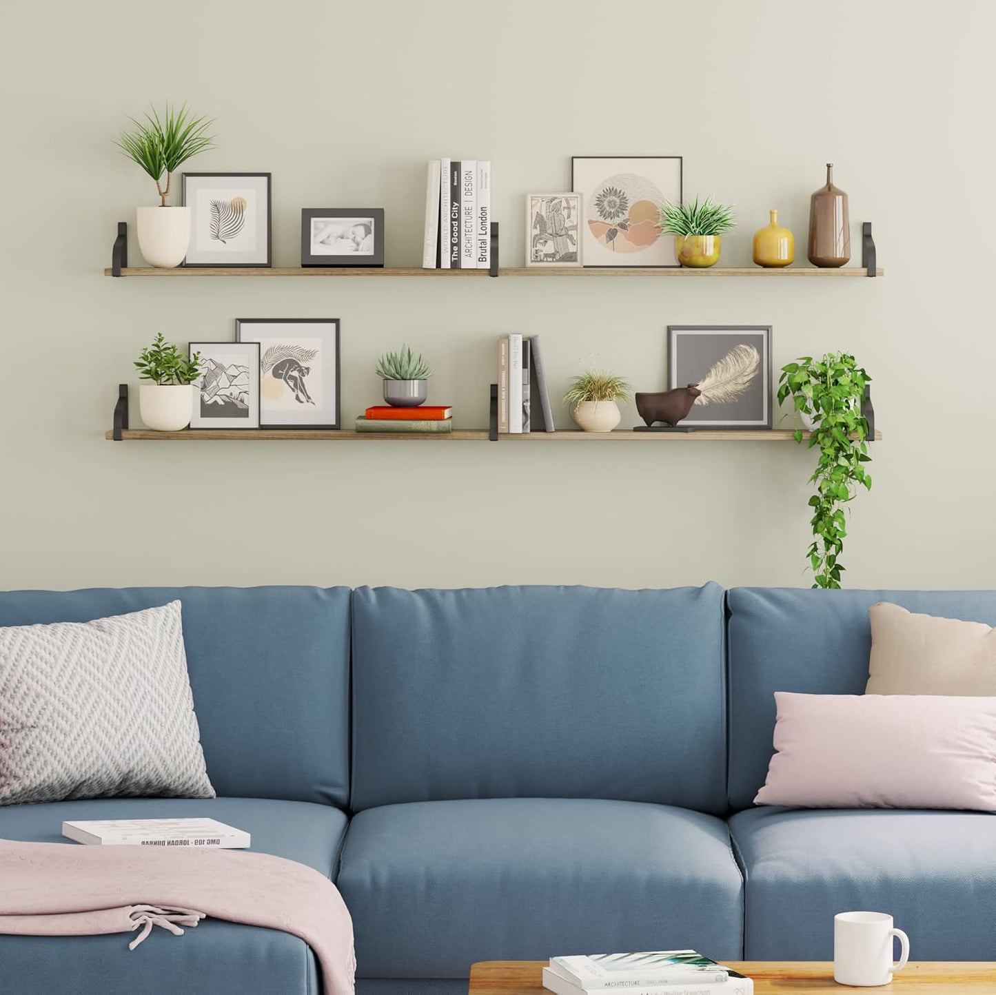 You Have Space Prato 60"x 4.5" Floating Shelves for Wall Decor, DVD CD Storage Shelf for Wall, Kitchen Floating Shelf, Floating Book Shelves for Wall, CD DVD Storage Shelves Burnt Set of 2