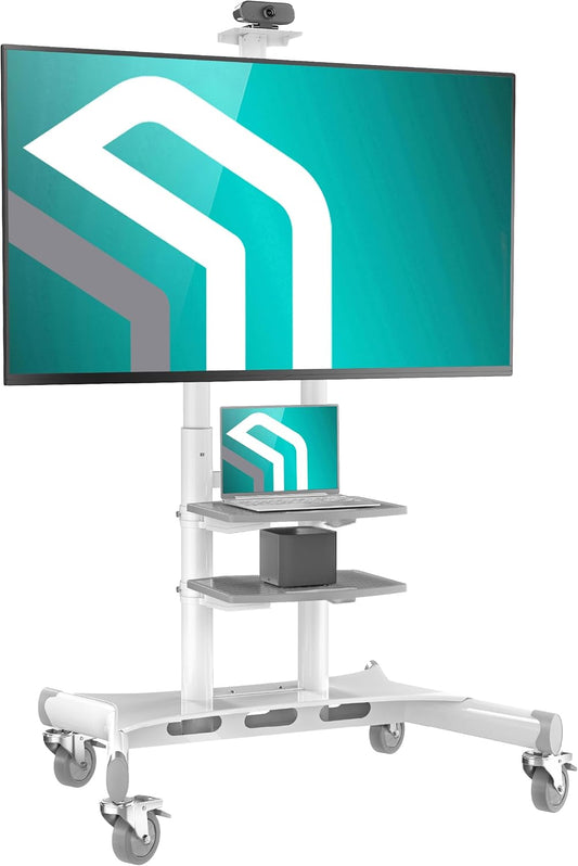 ONKRON Mobile TV Stand on Wheels for 50-86 Inch TVs, max Load up to 233 lbs, Height Adjustable TV Stand Portable, max VESA 800x500 - Movable, Rolling TV Cart with Wheels and Shelves White