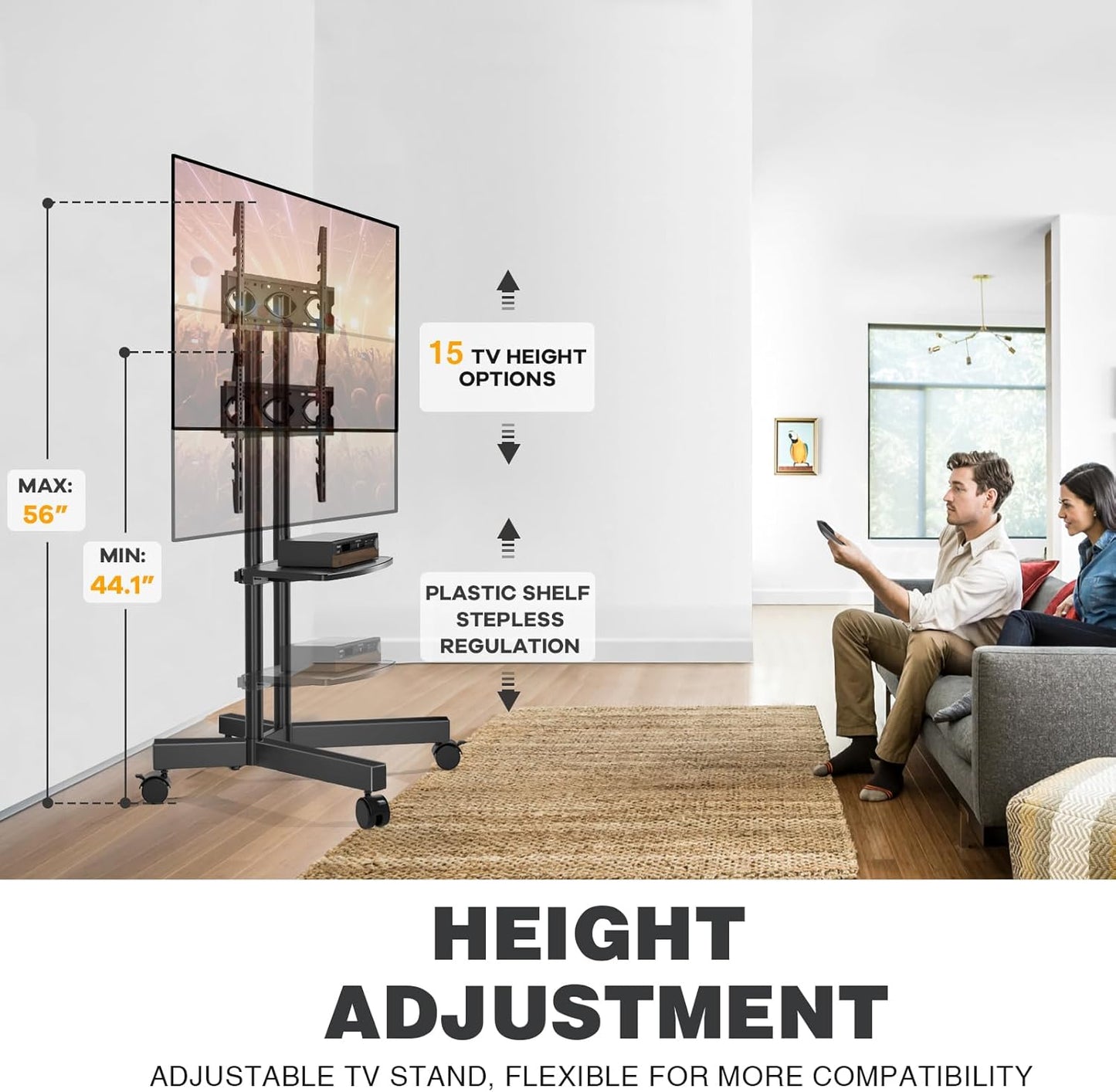 Mobile TV Stand with Upgraded Wheels for 32-75 Inch TVs up to 88 lbs, Height Adjustable Rolling TV Stand with Laptop Shelf, Mobile TV Cart with Heavy Duty Structure for Living Room, Patio, Office