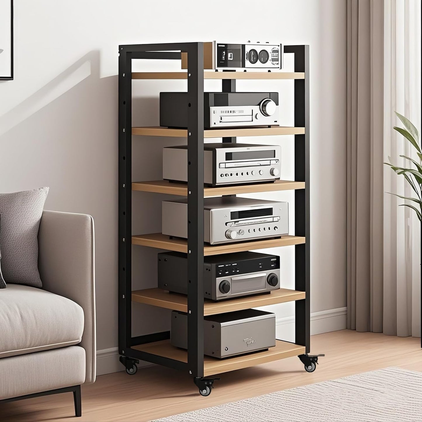 6 Tier AV Media Stand, Audio Rack Tower Stereo Components Cabinet, Home Theatre CD Record Player Stereo Receiver Equipment Rack with Adjustable Wood Shelves, Load 400lbs (Brown,6 Tier- 55in)