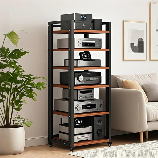 6 Tier AV Media Stand, Audio Rack Tower Stereo Components Cabinet, Home Theatre CD Record Player Stereo Receiver Equipment Rack with Adjustable Wood Shelves, Load 400lbs (Brown,6 Tier- 55in)