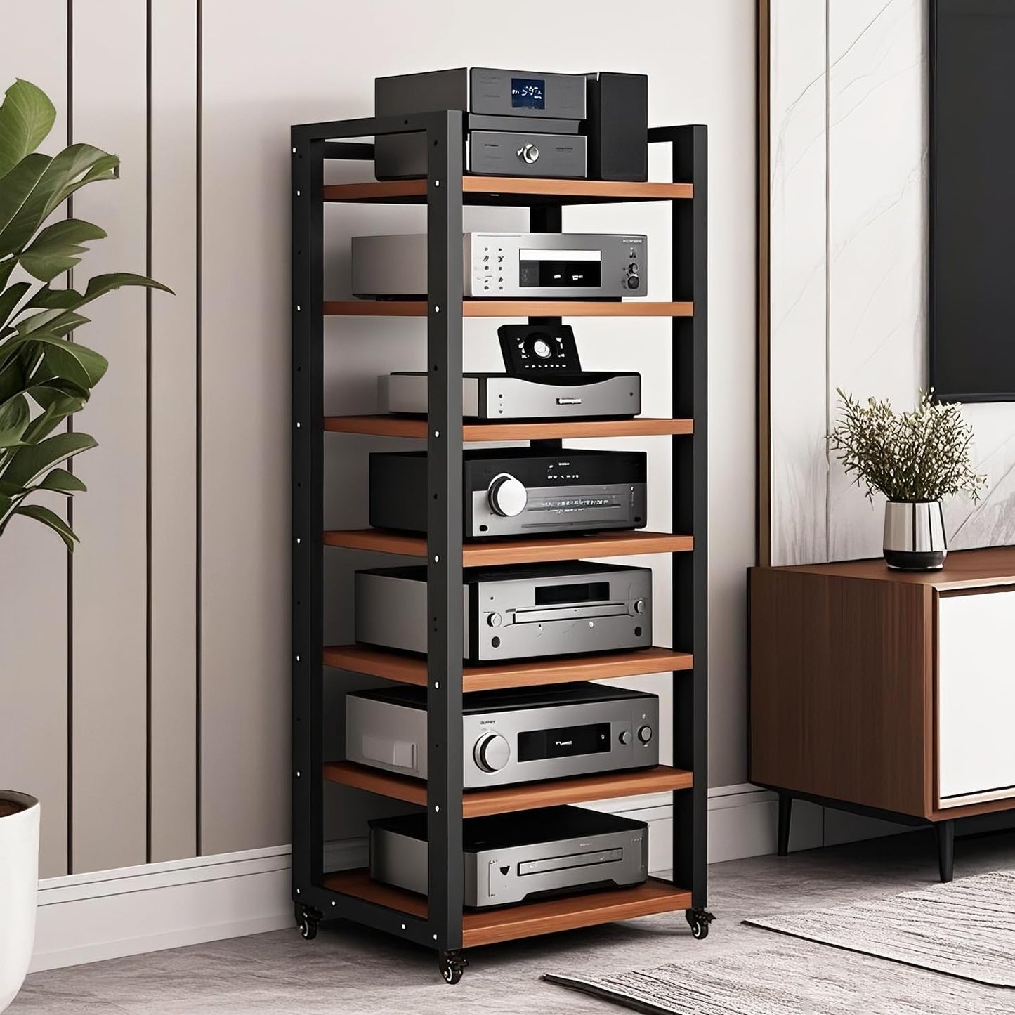 6 Tier AV Media Stand, Audio Rack Tower Stereo Components Cabinet, Home Theatre CD Record Player Stereo Receiver Equipment Rack with Adjustable Wood Shelves, Load 400lbs (Brown,6 Tier- 55in)