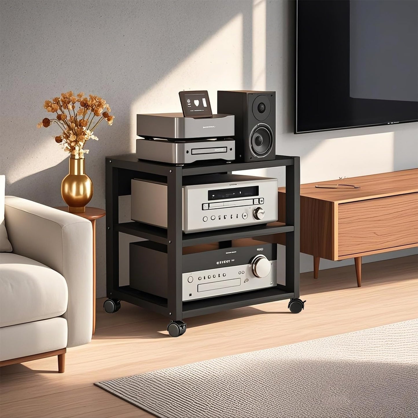 6 Tier AV Media Stand, Audio Rack Tower Stereo Components Cabinet, Home Theatre CD Record Player Stereo Receiver Equipment Rack with Adjustable Wood Shelves, Load 400lbs (Brown,6 Tier- 55in)