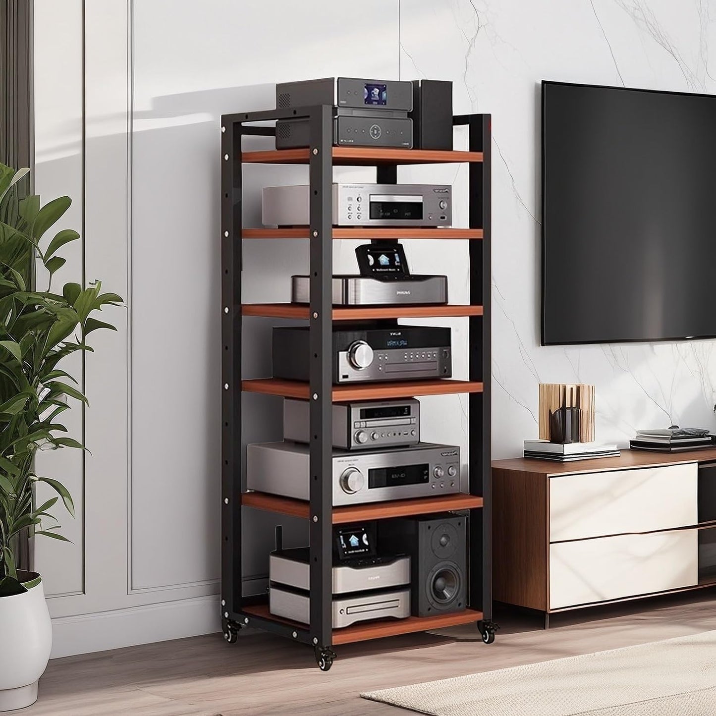 6 Tier AV Media Stand, Audio Rack Tower Stereo Components Cabinet, Home Theatre CD Record Player Stereo Receiver Equipment Rack with Adjustable Wood Shelves, Load 400lbs (Brown,6 Tier- 55in)