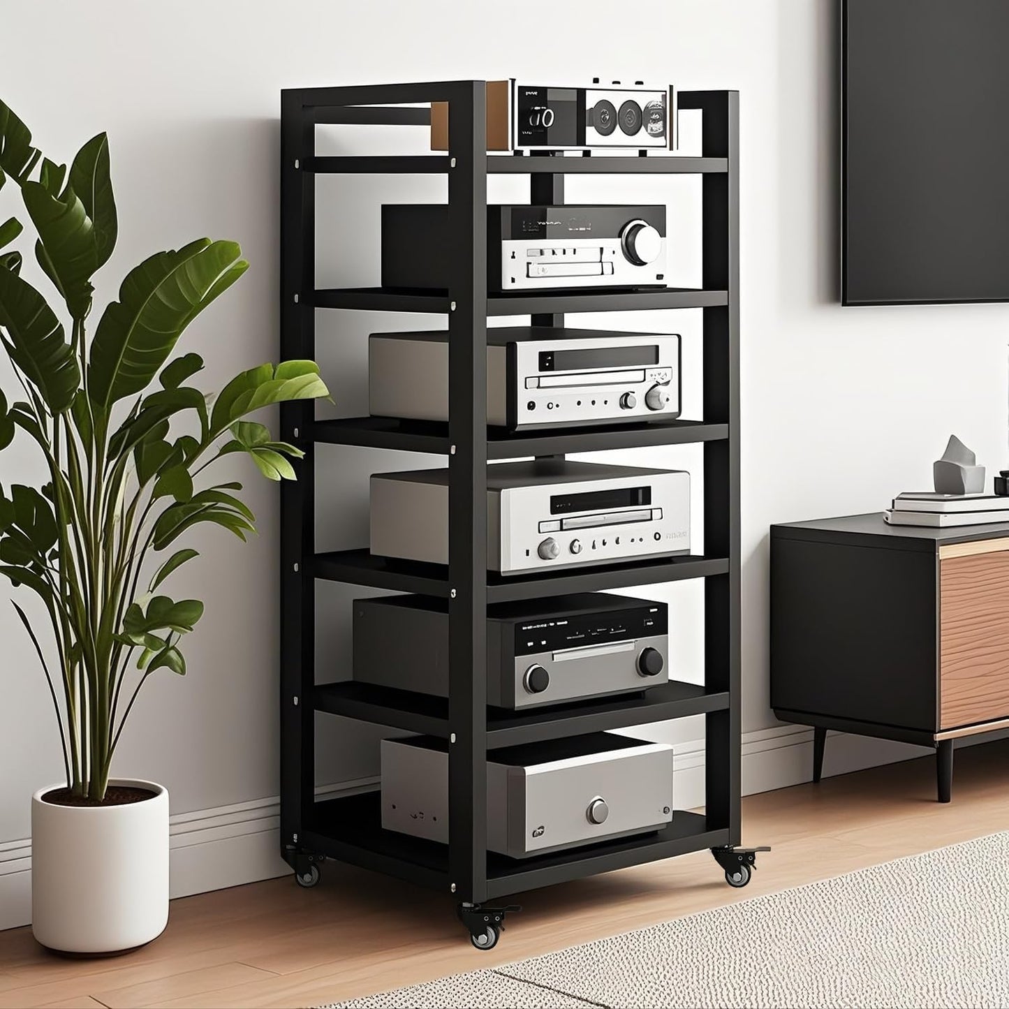 6 Tier AV Media Stand, Audio Rack Tower Stereo Components Cabinet, Home Theatre CD Record Player Stereo Receiver Equipment Rack with Adjustable Wood Shelves, Load 400lbs (Brown,6 Tier- 55in)