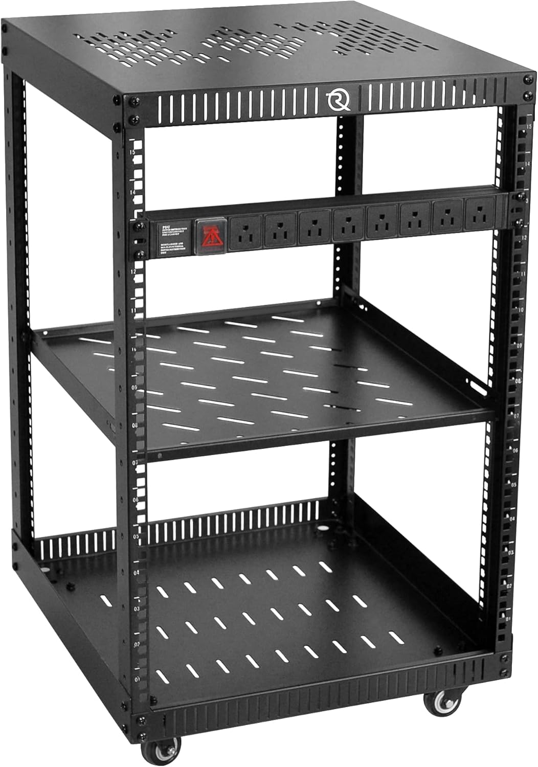RIVECO 12U Network Rack with Reinforced Top Cover - 4 Post Floor Rack on Wheels for 19" Equipment & Stereo Gear- Including Rack Mount Power Strip & 1PCS 1U Rack Shelf