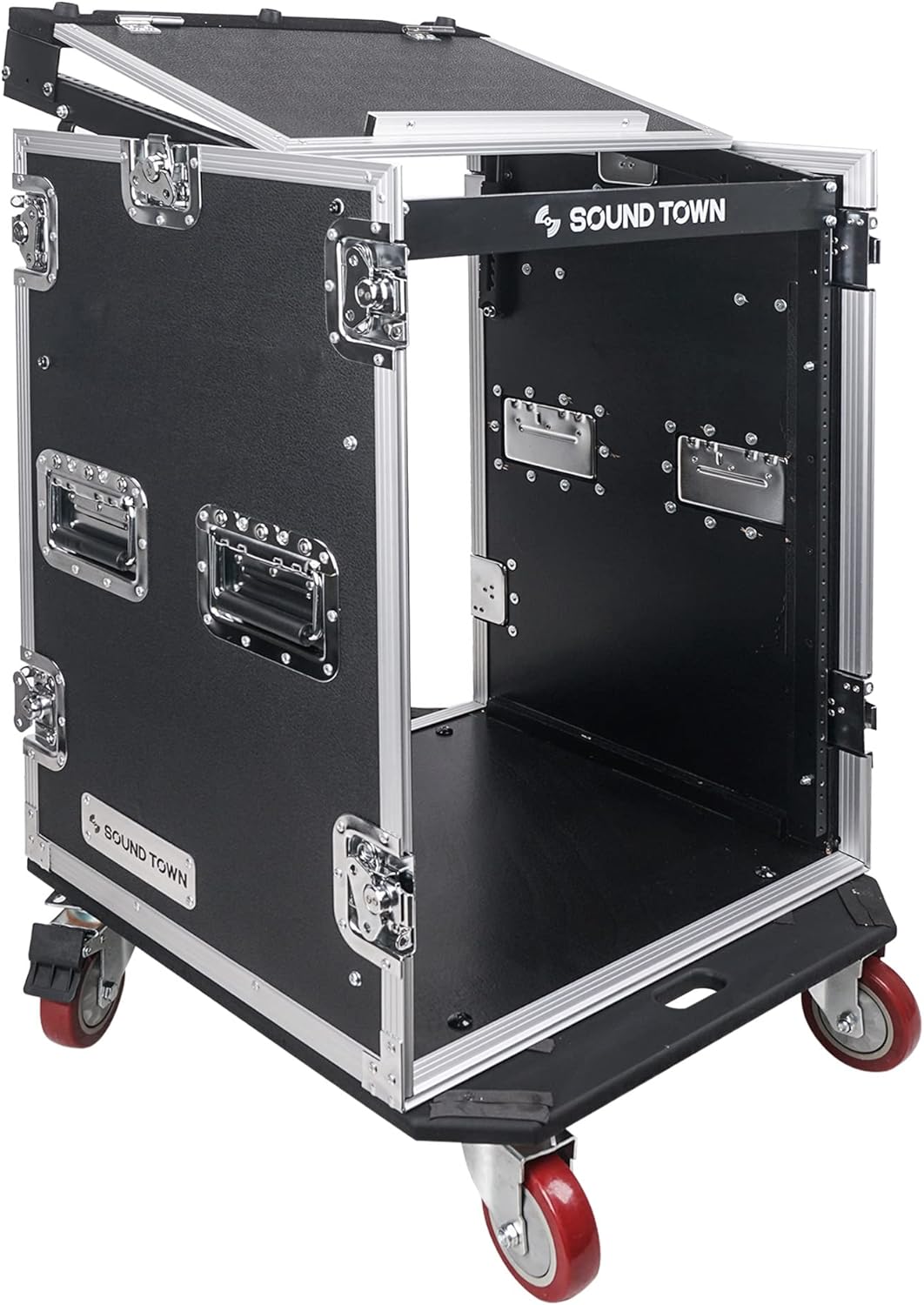 Sound Town Enhanced Thickness 1/2” (12mm) Plywood 8U Audio Rack/Road ATA Case with 11U Slant Mixer Top, 20’’ Rackable Depth, Casters, 8 Space Size, Pro Tour Grade (STMR-8UW)