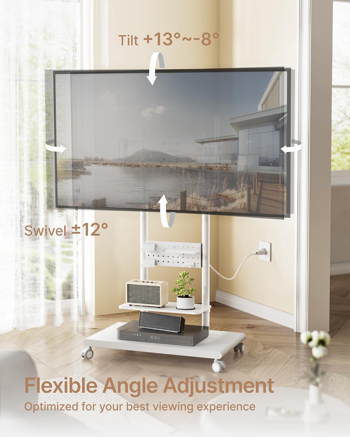 Rolling TV Stand with Versatile Storage Pegboard for 50-90 inch TVs up to 154lbs, Height Adjustable Mobile TV Stand with Storage Shelves, Tilt Swivel TV Cart Max VESA 600x400mm, White