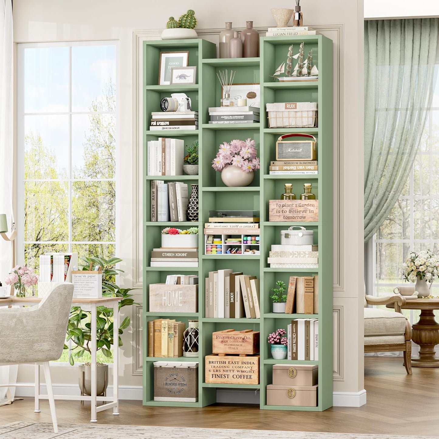 FOTOSOK 71’’ Tall Bookshelf, Triple Wide Bookshelf with Adjustable Shelves, 8 Tier Media CD DVD Storage Tower Rack, Diaplay Cabinet Shelf, Cube Storage Organizer Shelf for Home Office, Black/Brown