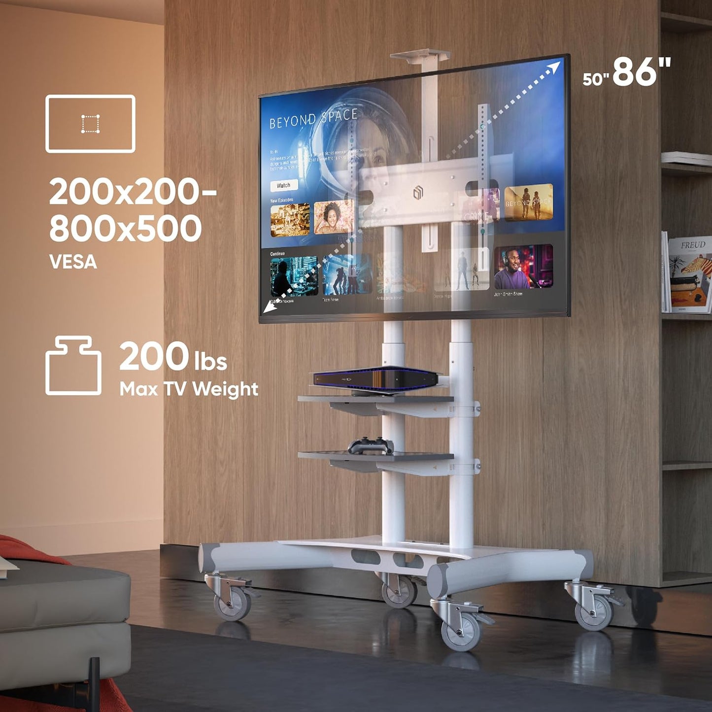 ONKRON Mobile TV Stand on Wheels for 50-86 Inch TVs, max Load up to 233 lbs, Height Adjustable TV Stand Portable, max VESA 800x500 - Movable, Rolling TV Cart with Wheels and Shelves White