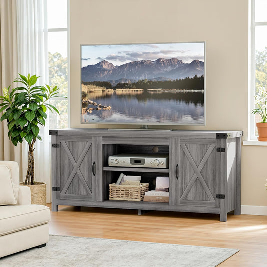 YESHOMY Modern Farmhouse TV Stand with Two Barn Doors and Storage Cabinets for Televisions up to 65+ Inch,Entertainment Center Console Table,Media Furniture for Living Room, Grey