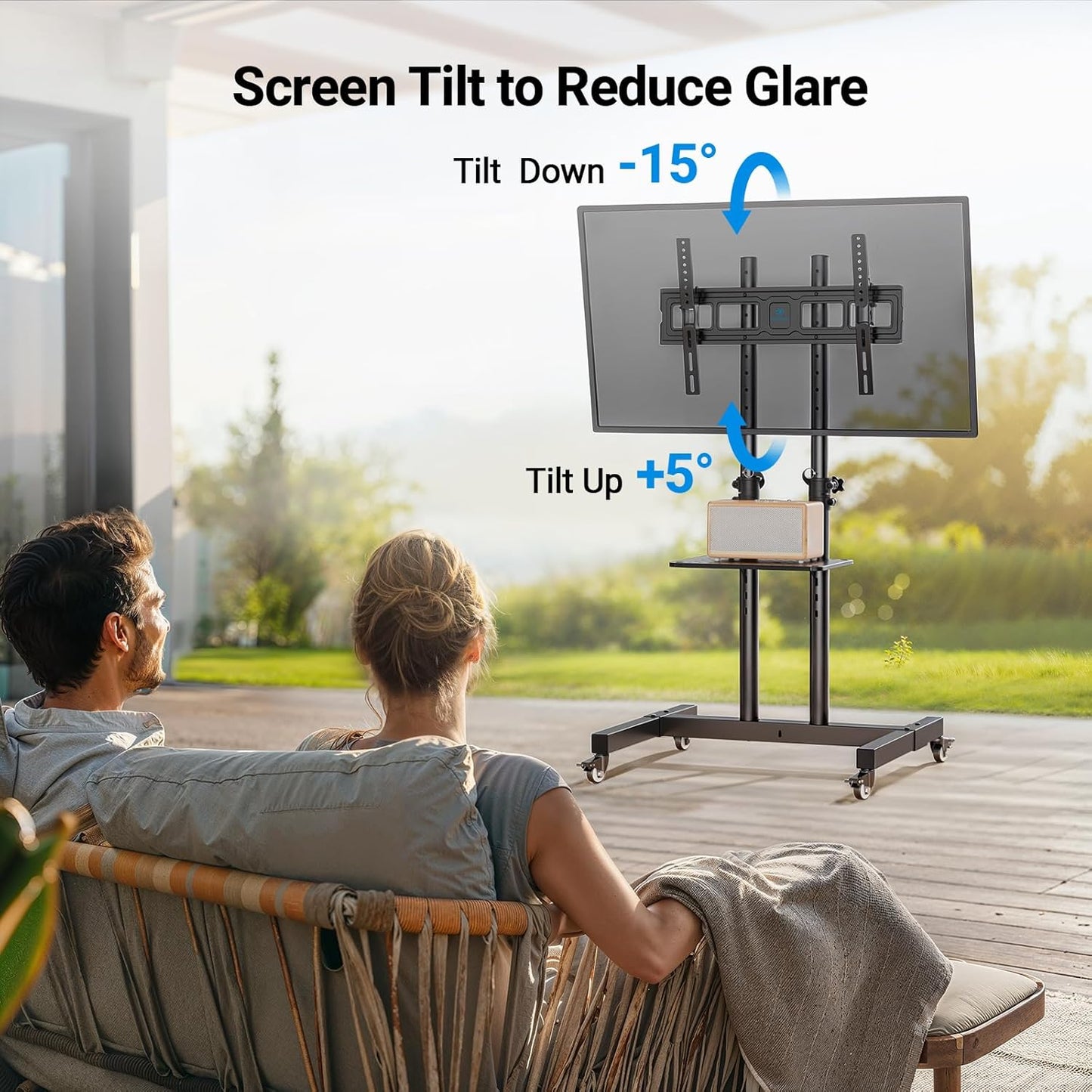 PERLESMITH Rolling TV Stand on Wheels for 32-83 Inch Screens up to 110lbs, Mobile TV Cart Height Adjustable Portable Outdoor TV Stand Tilt Rolling TV Cart with Shelf Max VESA 600x400mm PSTVMC03