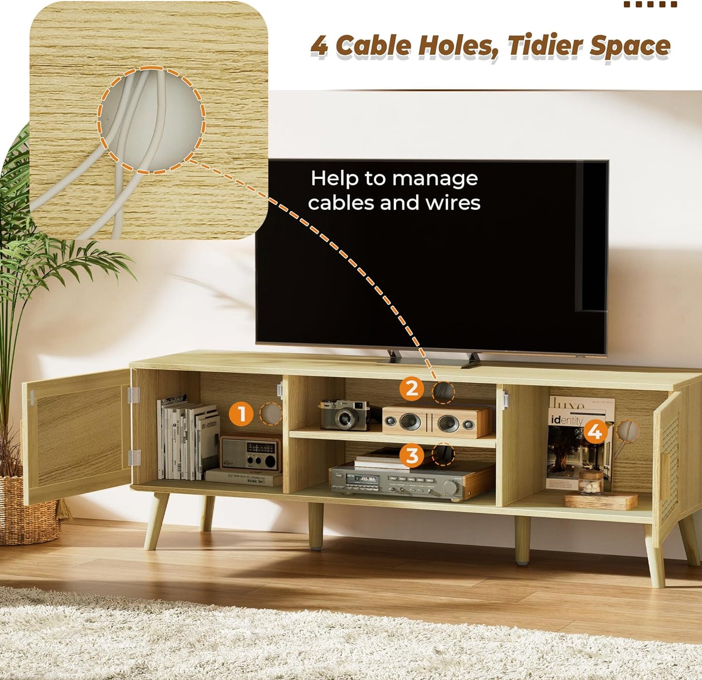 SUPERJARE Boho TV Stand for 65 Inch TV, Entertainment Center with Adjustable Shelf, Rattan TV Console with 2 Cabinets, Media Console, Solid Wood Feet, 4 Cord Holes, for Living Room - Natural