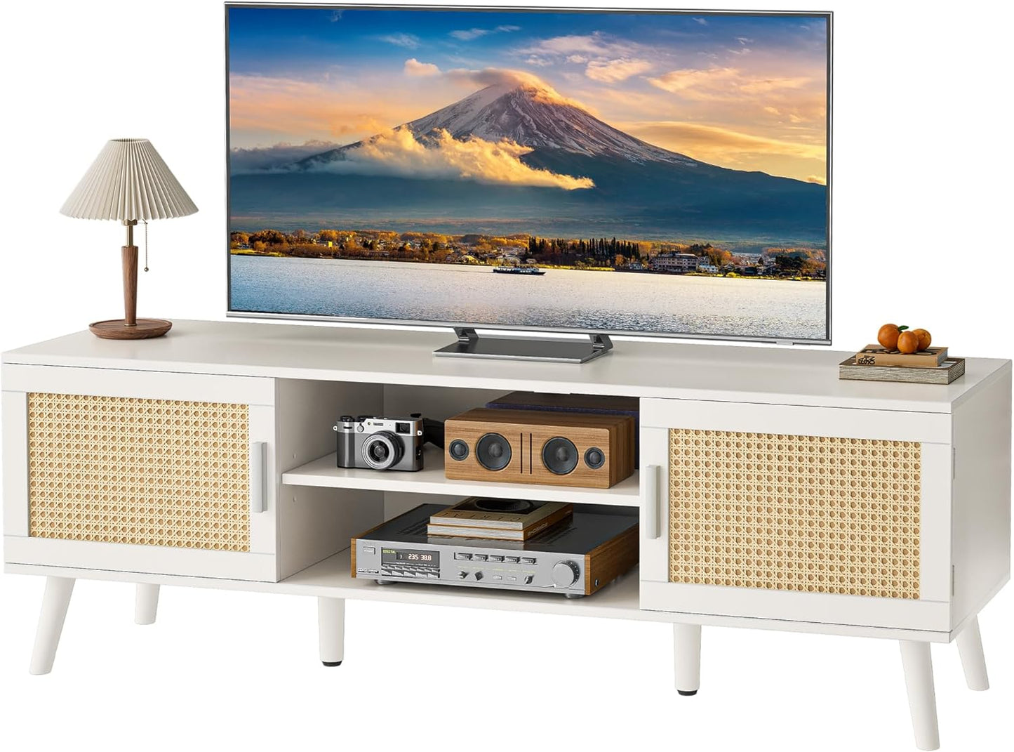 SUPERJARE Boho TV Stand for 65 Inch TV, Entertainment Center with Adjustable Shelf, Rattan TV Console with 2 Cabinets, Media Console, Solid Wood Feet, 4 Cord Holes, for Living Room - Natural