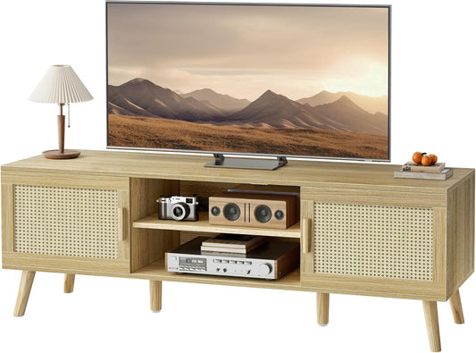 SUPERJARE Boho TV Stand for 65 Inch TV, Entertainment Center with Adjustable Shelf, Rattan TV Console with 2 Cabinets, Media Console, Solid Wood Feet, 4 Cord Holes, for Living Room - Natural