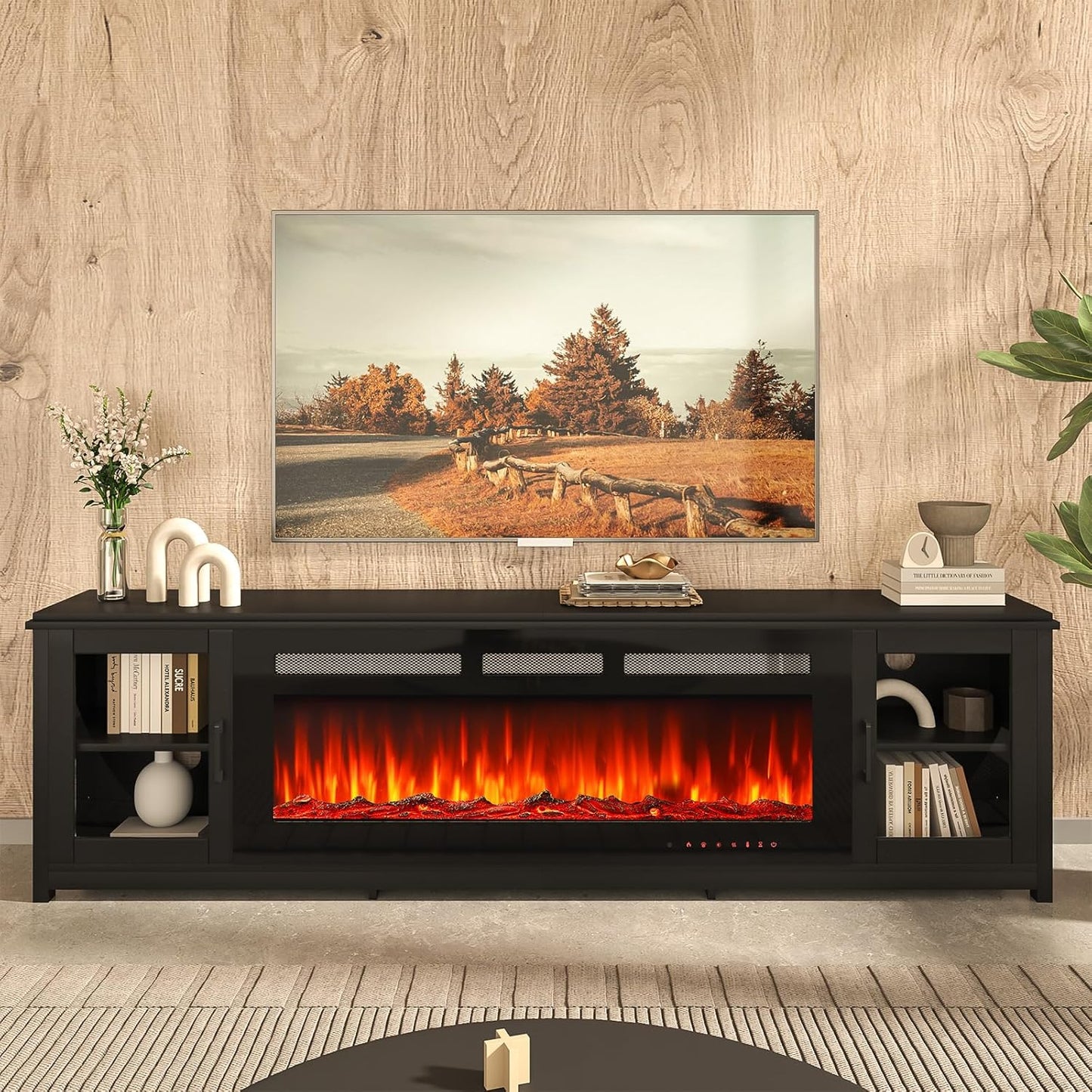 oneinmil 80" Fireplace TV Stand, 50 Inch Electric Fireplace & Modern Entertainment Center, TV Console with Adjustable Shelf & Glass Door for TVs Up to 90", Fire Place TV Stands for Living Room, Black