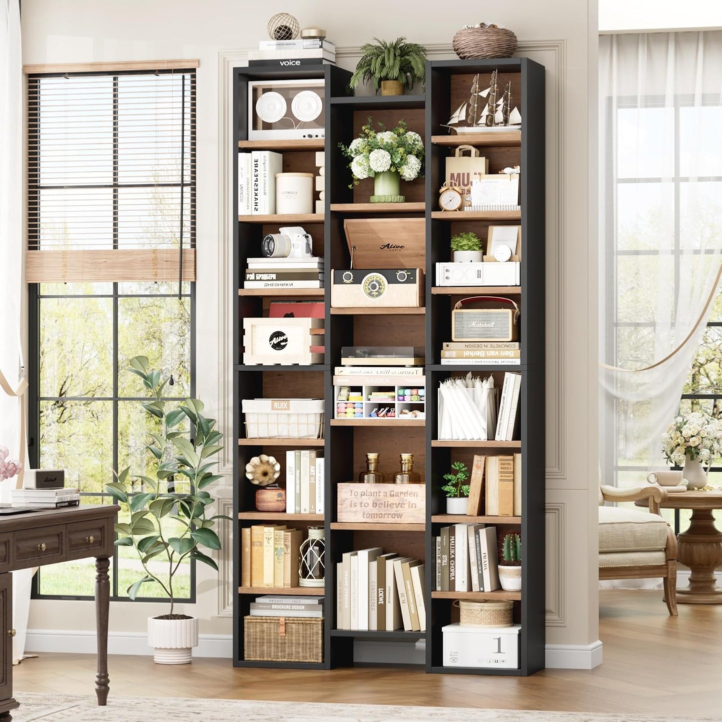 FOTOSOK 71’’ Tall Bookshelf, Triple Wide Bookshelf with Adjustable Shelves, 8 Tier Media CD DVD Storage Tower Rack, Diaplay Cabinet Shelf, Cube Storage Organizer Shelf for Home Office, Black/Brown