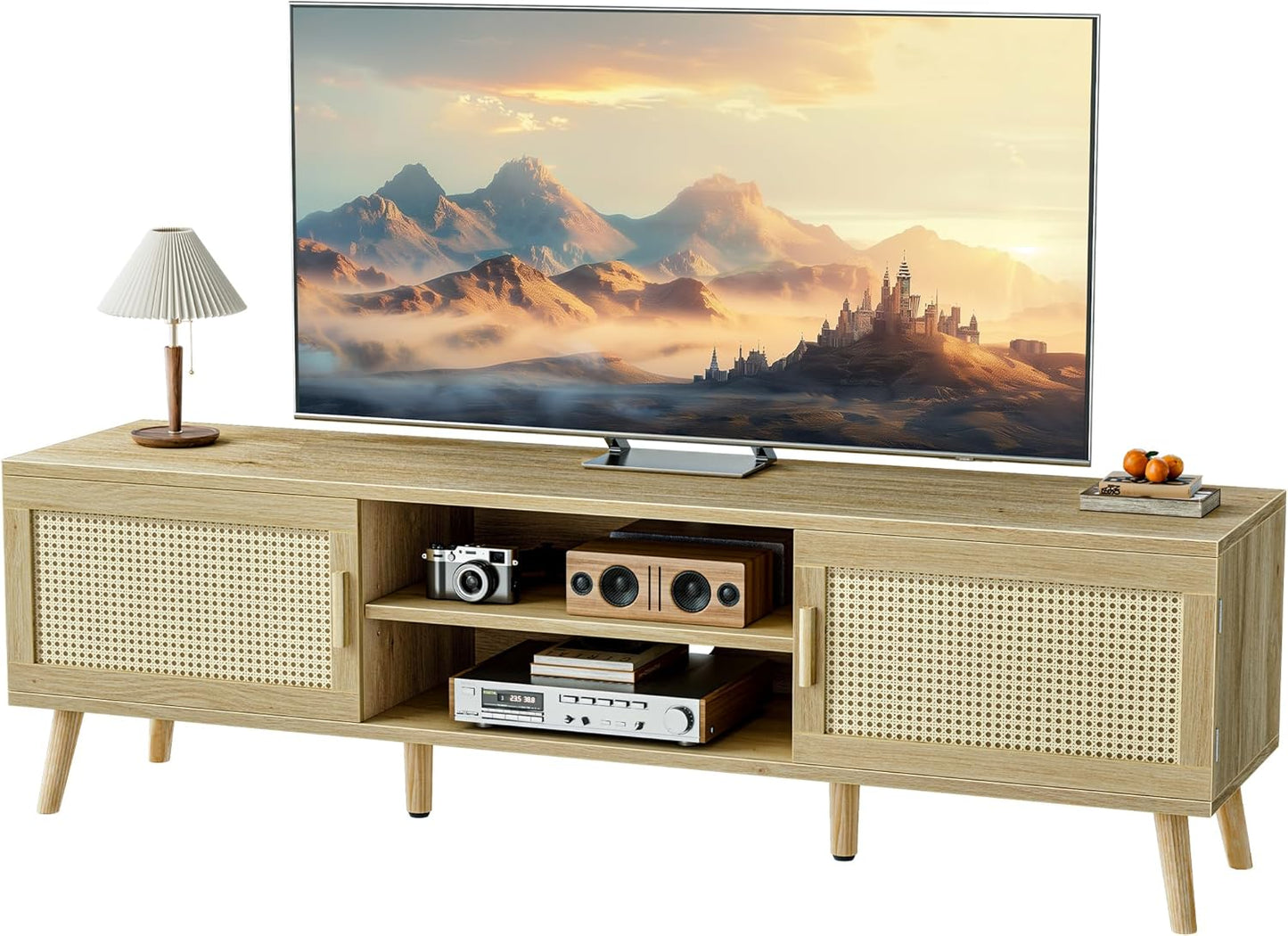 SUPERJARE Boho TV Stand for 65 Inch TV, Entertainment Center with Adjustable Shelf, Rattan TV Console with 2 Cabinets, Media Console, Solid Wood Feet, 4 Cord Holes, for Living Room - Natural