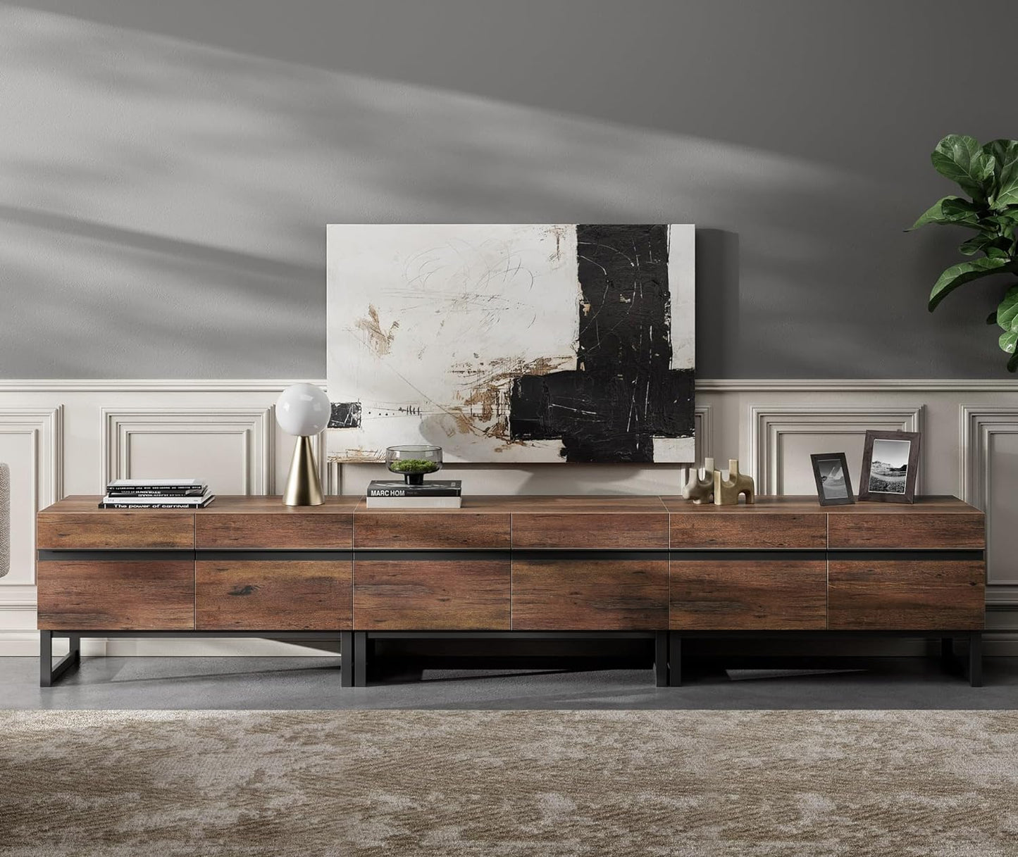 Wampat 3 in 1 Modern TV Stand for Up to 110 inch TVs, Wood Entertainment Center with Storage Cabinets and Metal Base, Living Room Media Console, Brown