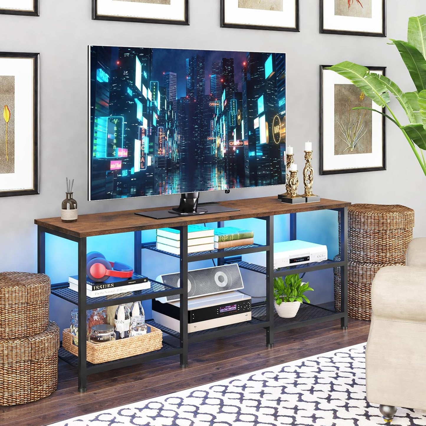 YGEOMER TV Stand for 55 inch TVs, Entertainment Center with Movable Shelf Panels, Power Outlet and LED Lights Open Storage Shelves, TV Media Console Table for Living Room and Bedroom, Rustic Brown