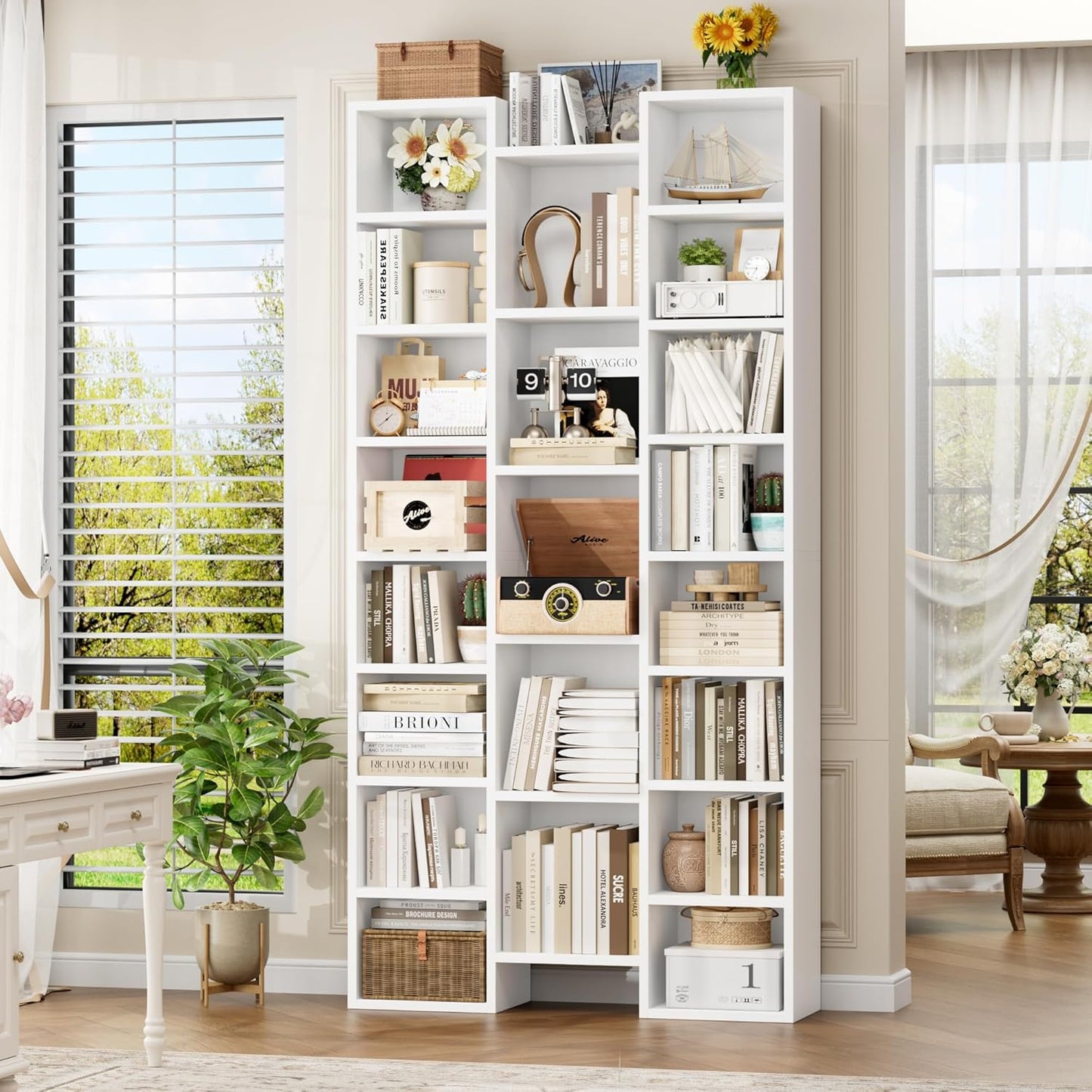 FOTOSOK 71’’ Tall Bookshelf, Triple Wide Bookshelf with Adjustable Shelves, 8 Tier Media CD DVD Storage Tower Rack, Diaplay Cabinet Shelf, Cube Storage Organizer Shelf for Home Office, Black/Brown