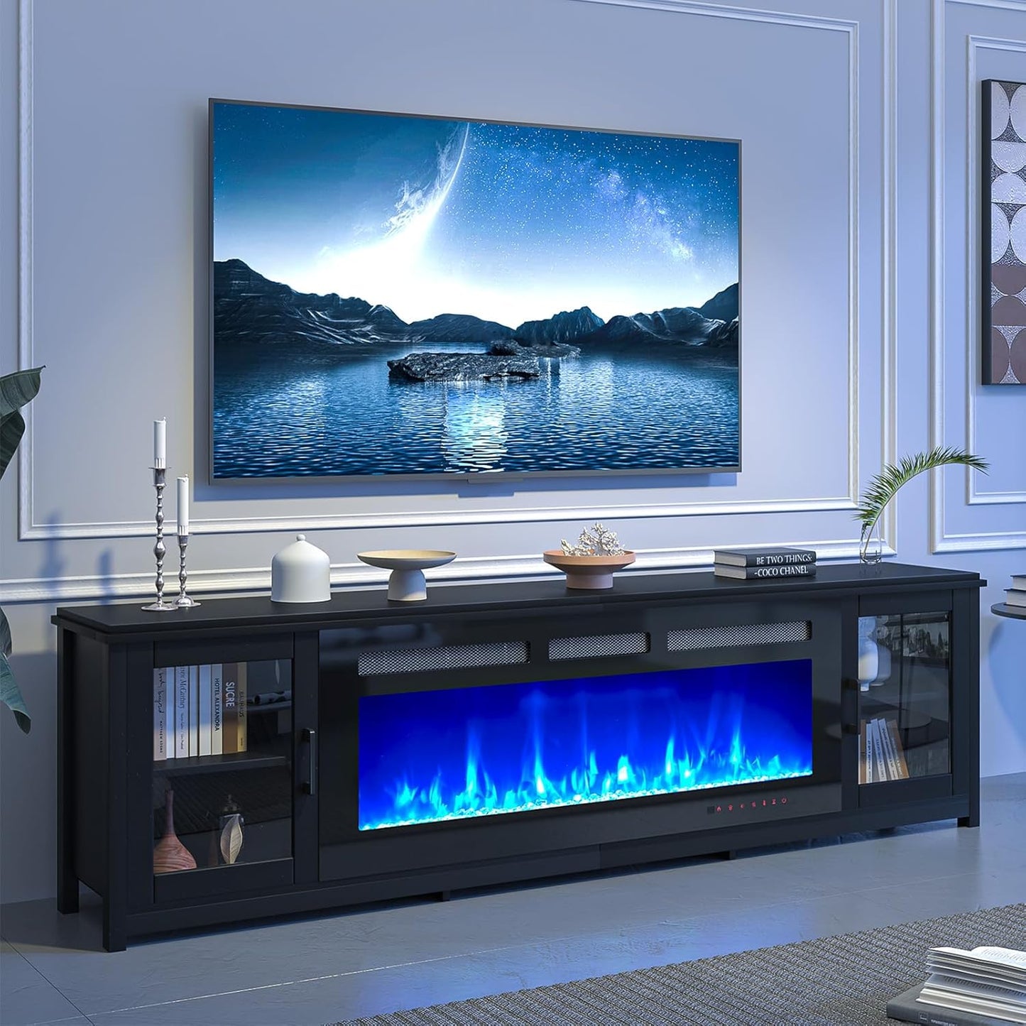 oneinmil 80" Fireplace TV Stand, 50 Inch Electric Fireplace & Modern Entertainment Center, TV Console with Adjustable Shelf & Glass Door for TVs Up to 90", Fire Place TV Stands for Living Room, Black