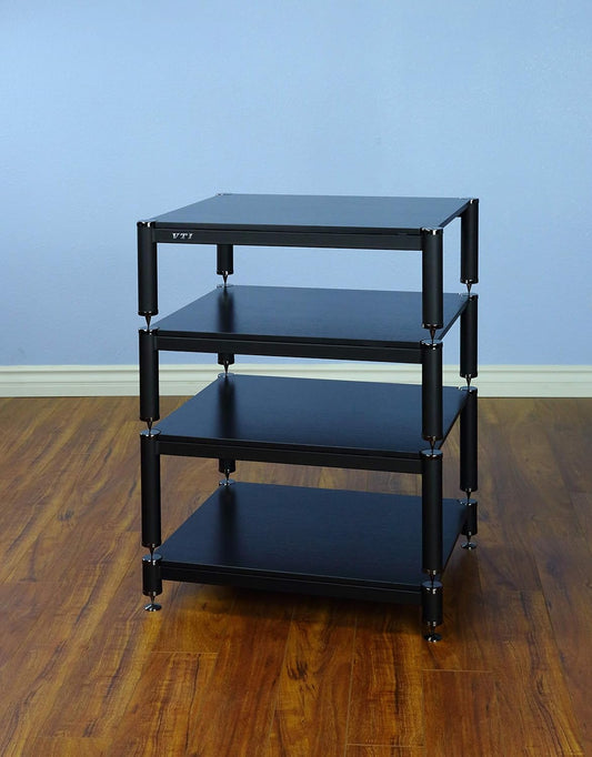VTI BL404BB - 4 Shelf Audio Rack TV Stand up to 27" TVs with Black Frame, Black Cap/Spikes and Black Shelf.