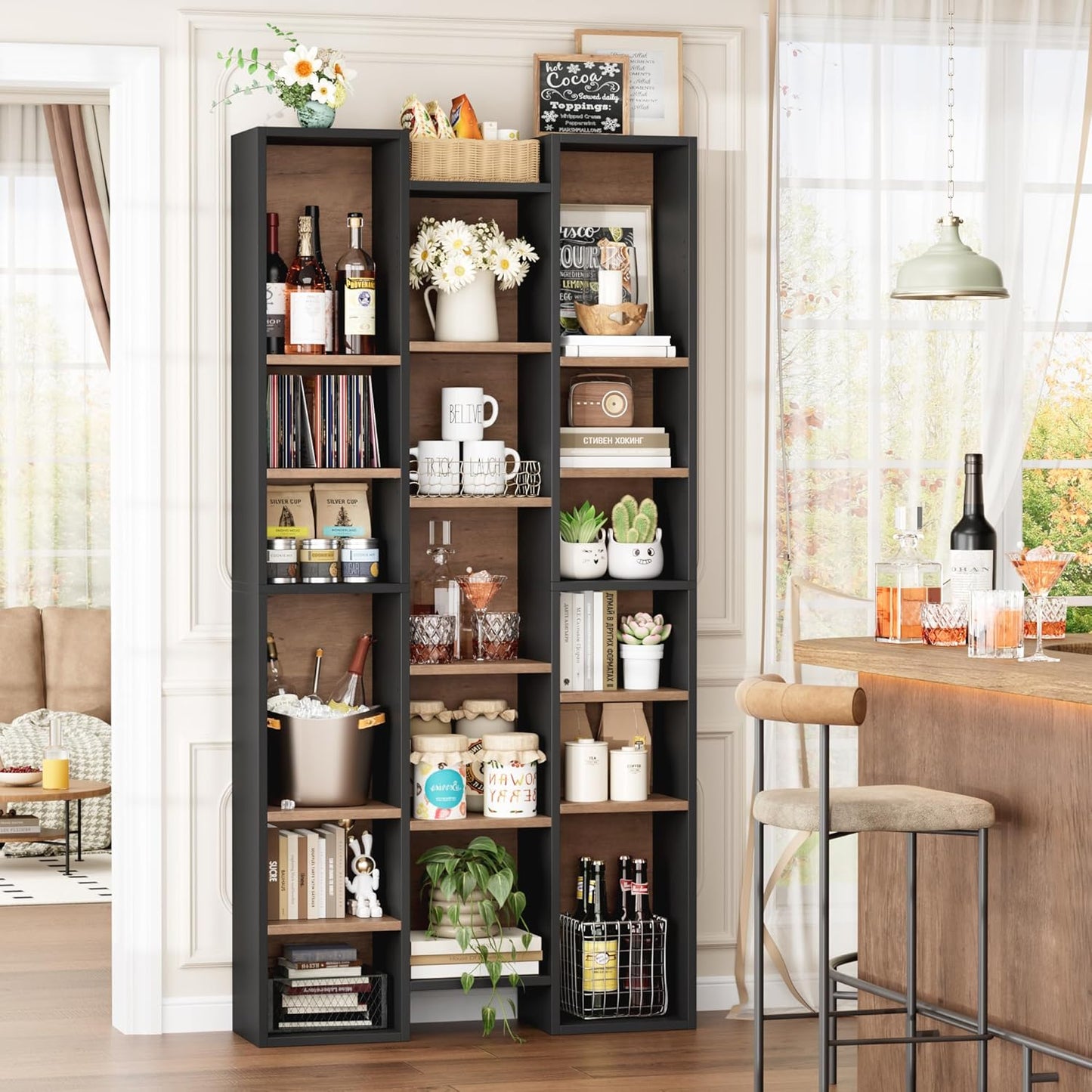 FOTOSOK 71’’ Tall Bookshelf, Triple Wide Bookshelf with Adjustable Shelves, 8 Tier Media CD DVD Storage Tower Rack, Diaplay Cabinet Shelf, Cube Storage Organizer Shelf for Home Office, Black/Brown